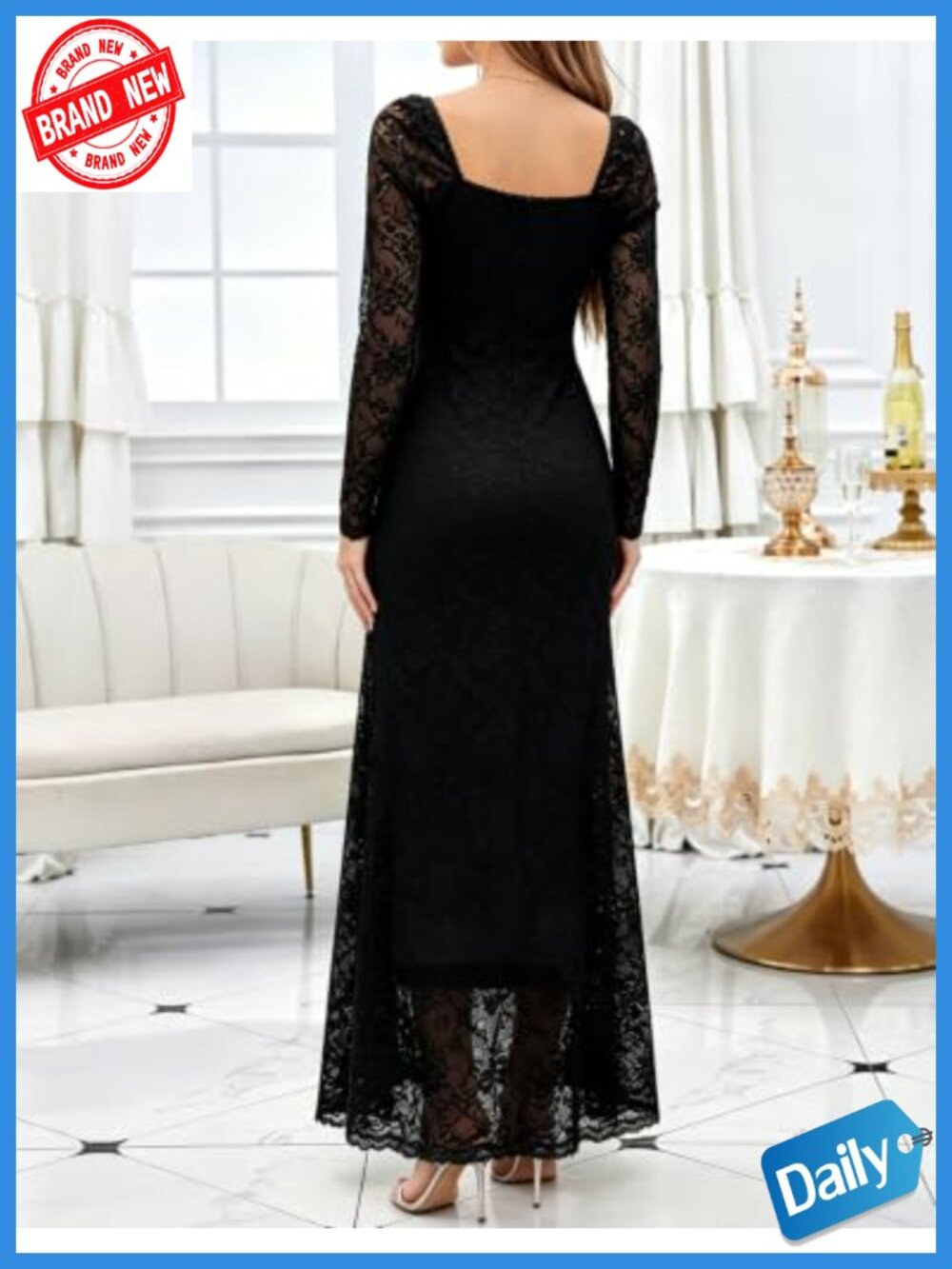Elegant Lace Maternity Maxi Dress Square Neck Long Sleeve Bodycon Photoshoot - Picture 5 of 6